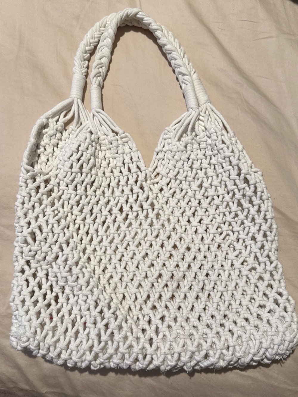 Handmade White Macramé Tote with Braided Handles
